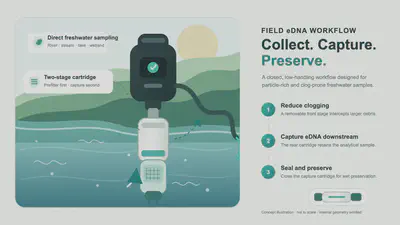 Concept illustration of a two-stage freshwater eDNA sampling cartridge